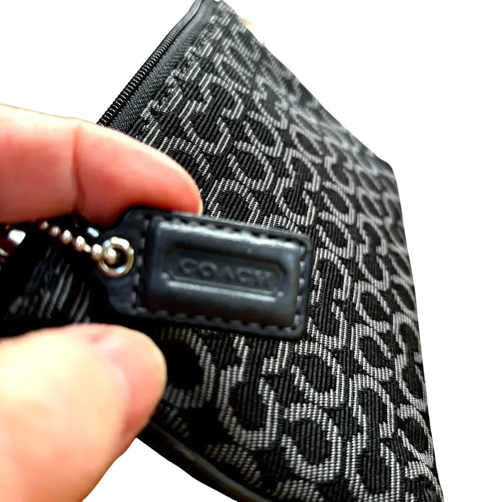 Coach black and gray mini wallet pouch zipper top signature logo print canvas